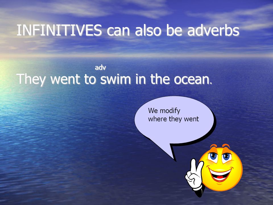 INFINITIVES can also be adverbs adv adv They went to swim in the ocean. We modify where they went