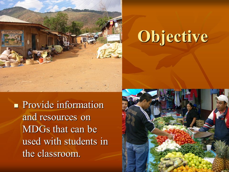 Objective Provide information and resources on MDGs that can be used with students in the classroom.