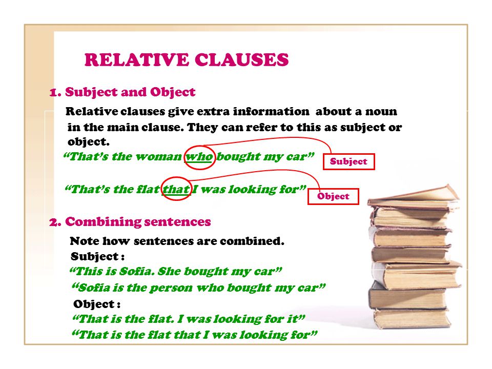 1. Subject and Object Relative clauses give extra information about a noun in the main clause.