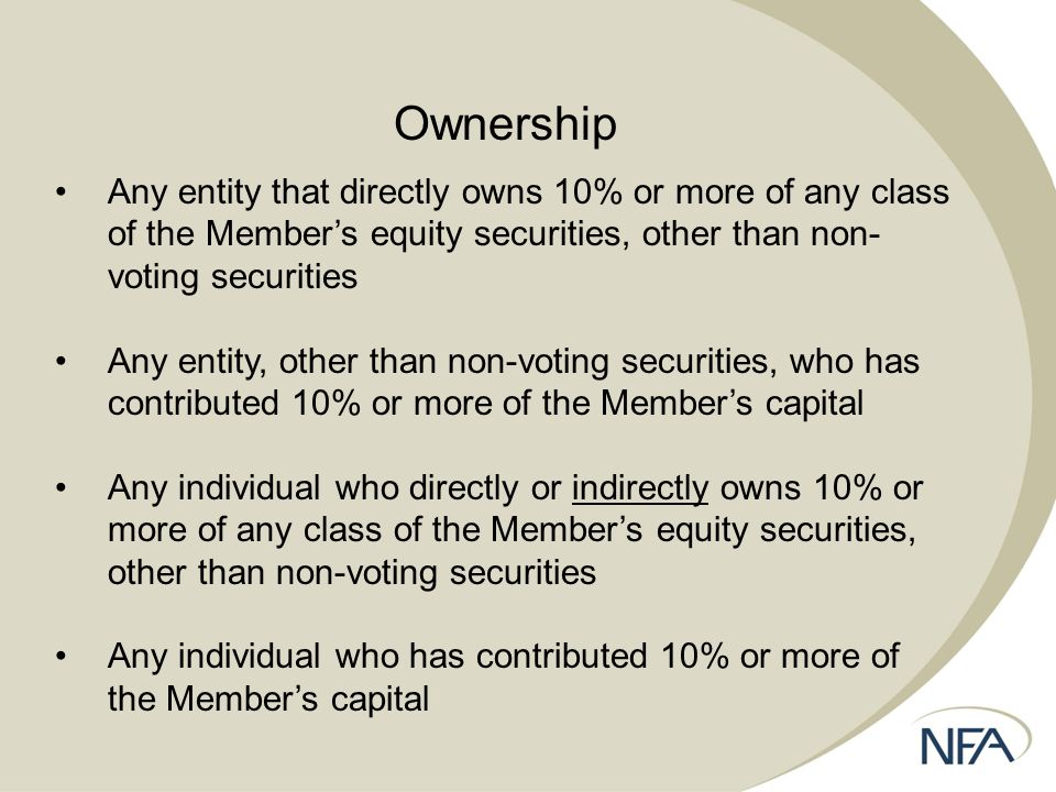 Ownership Any entity that directly owns 10% or more of any class of the Member’s equity securities, other than non- voting securities Any entity, other than non-voting securities, who has contributed 10% or more of the Member’s capital Any individual who directly or indirectly owns 10% or more of any class of the Member’s equity securities, other than non-voting securities Any individual who has contributed 10% or more of the Member’s capital