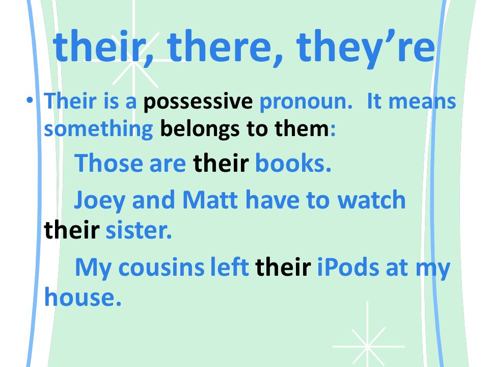their, there, they’re Their is a possessive pronoun.