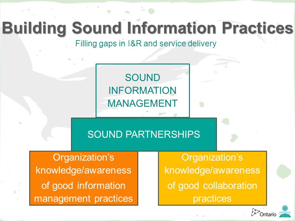 Building Sound Information Practices Organization’s knowledge/awareness of good collaboration practices Organization’s knowledge/awareness of good information management practices SOUND PARTNERSHIPS SOUND INFORMATION MANAGEMENT Filling gaps in I&R and service delivery