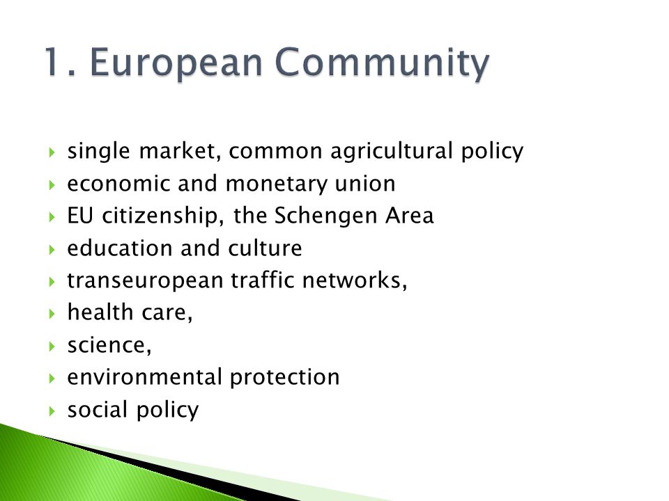  single market, common agricultural policy  economic and monetary union  EU citizenship, the Schengen Area  education and culture  transeuropean traffic networks,  health care,  science,  environmental protection  social policy