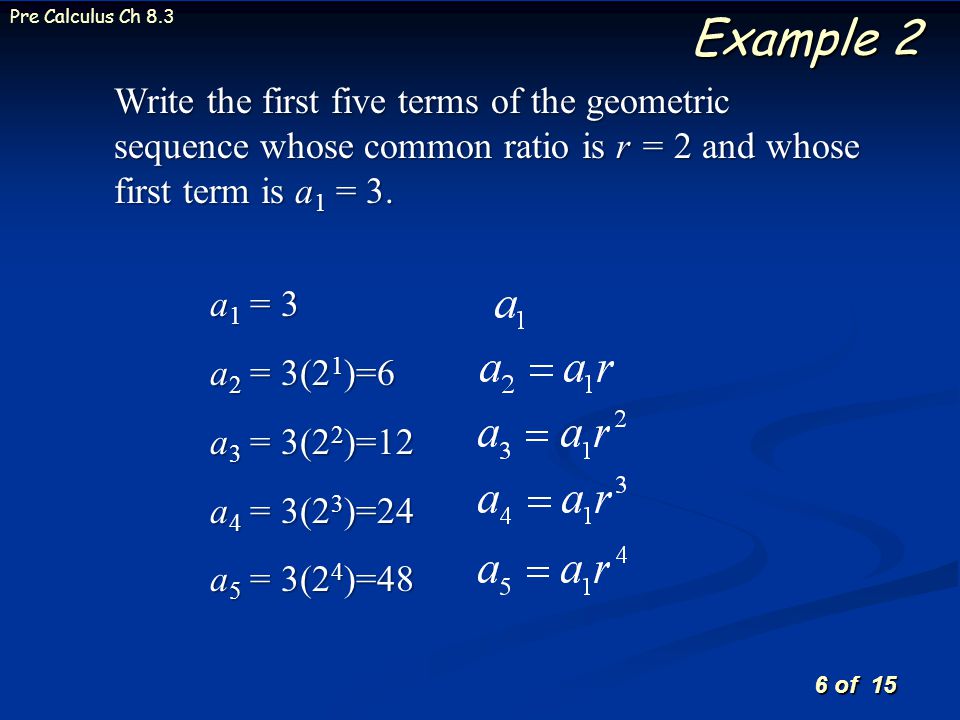 6 of 15 Pre Calculus Ch 8.3 Example 2 Write the first five terms of the geometric sequence whose common ratio is r = 2 and whose first term is a 1 = 3.