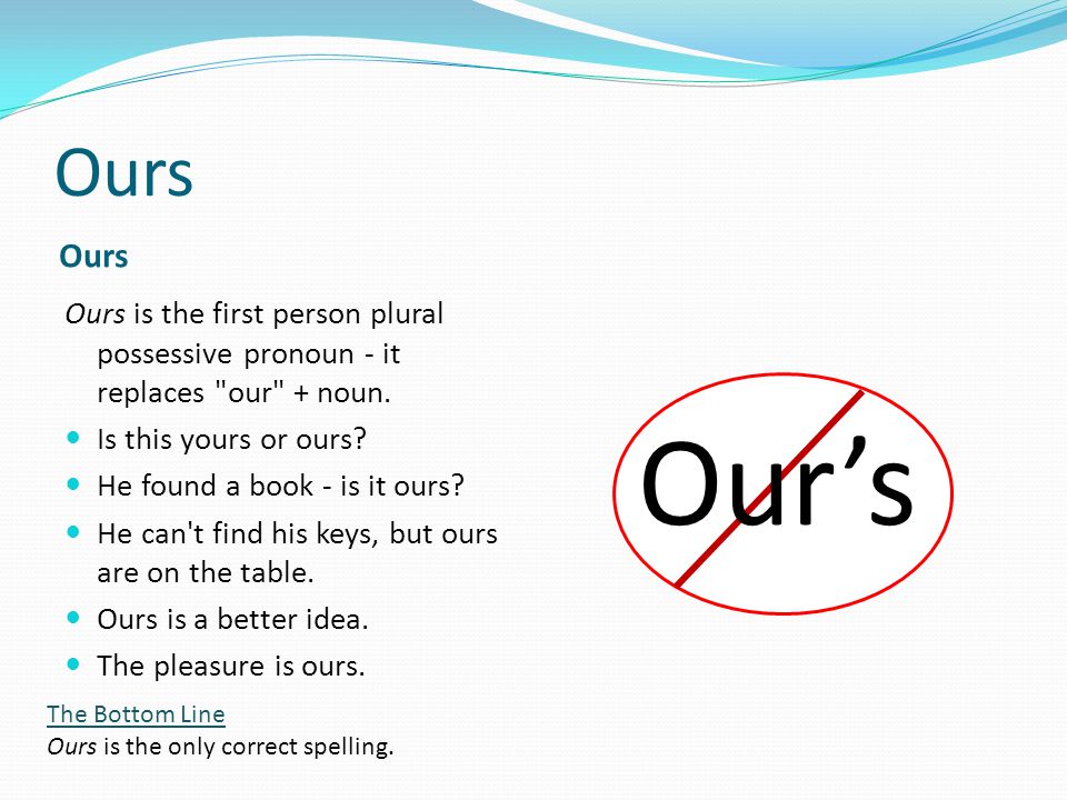 Ours Ours is the first person plural possessive pronoun - it replaces our + noun.