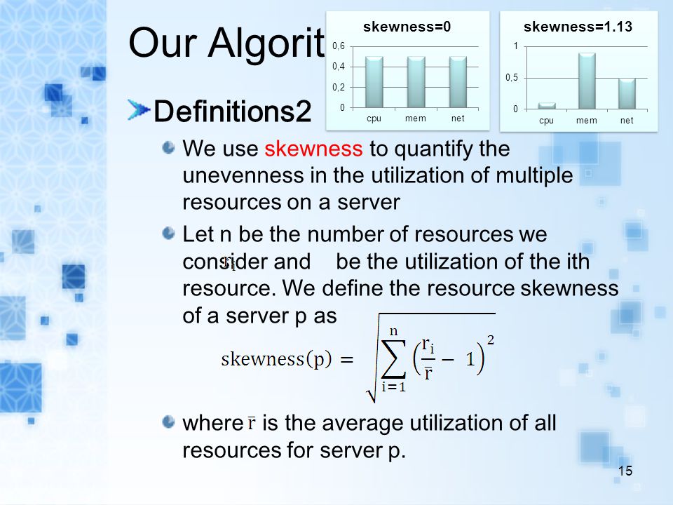 Our Algorithm Definitions2 We use skewness to quantify the unevenness in the utilization of multiple resources on a server Let n be the number of resources we consider and be the utilization of the ith resource.