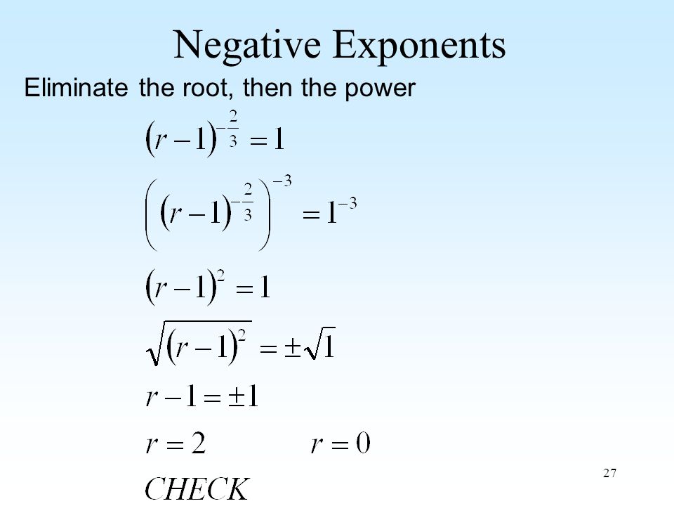 27 Negative Exponents Eliminate the root, then the power