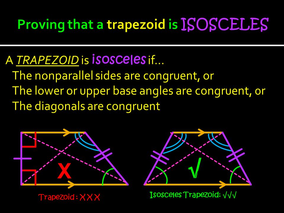 A TRAPEZOID is isosceles if… The nonparallel sides are congruent, or The lower or upper base angles are congruent, 0r The diagonals are congruent X √ Trapezoid : X X X Isosceles Trapezoid: √√√ √√√