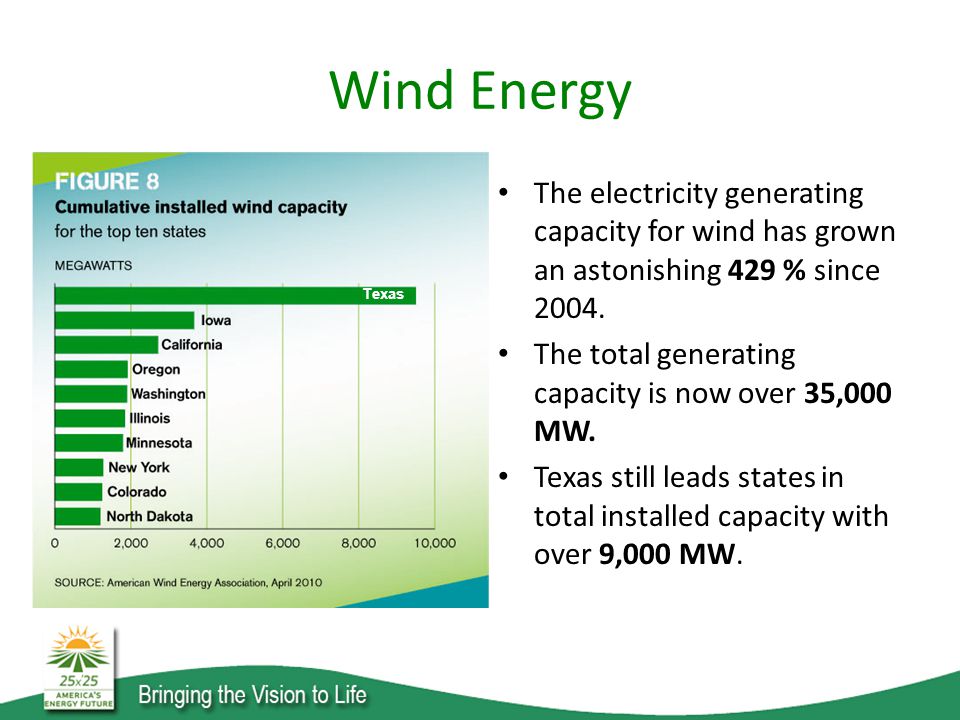 Wind Energy The electricity generating capacity for wind has grown an astonishing 429 % since 2004.