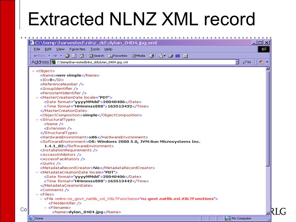 Cornell Metadata Working Group, 20 May 2005 Extracted NLNZ XML record
