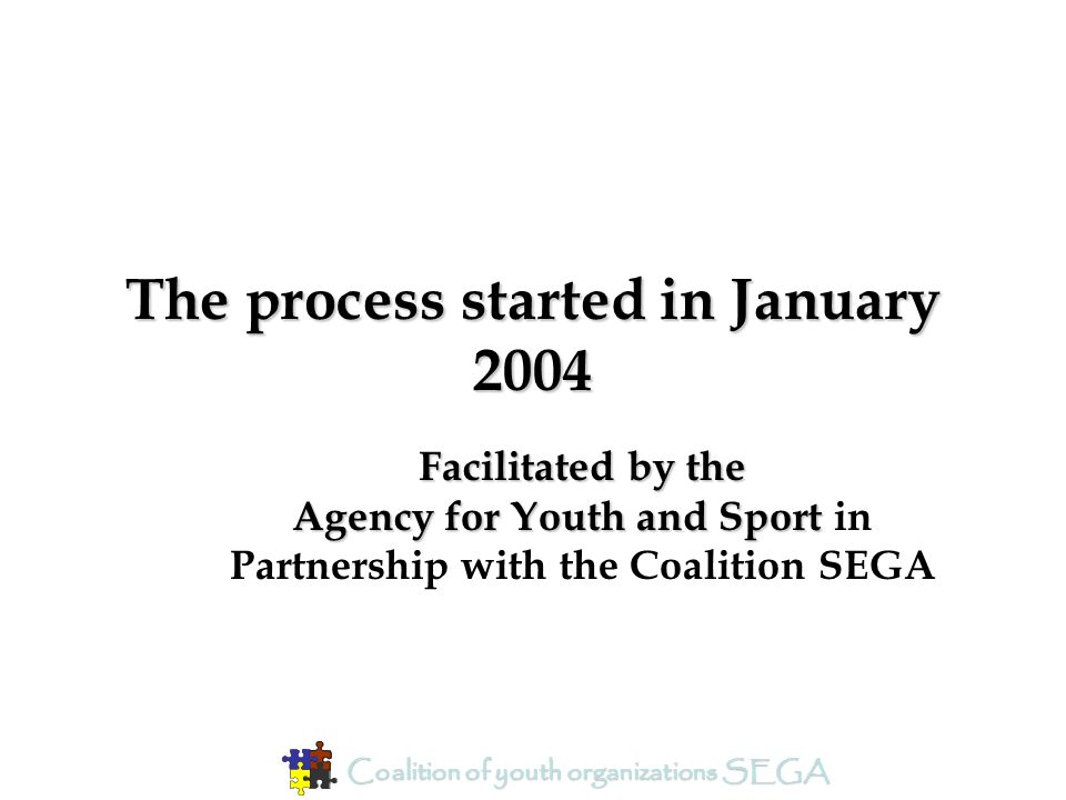 The process started in January 2004 Facilitated by the Agency for Youth and Sport Agency for Youth and Sport in Partnership with the Coalition SEGA Coalition of youth organizations SEGA