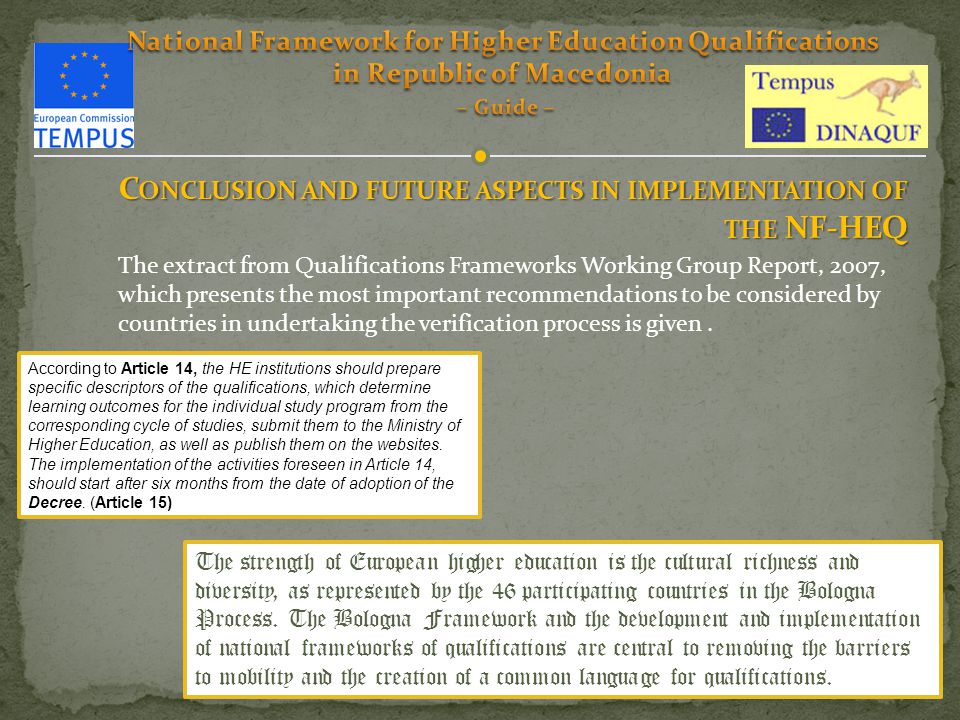 The extract from Qualifications Frameworks Working Group Report, 2007, which presents the most important recommendations to be considered by countries in undertaking the verification process is given.