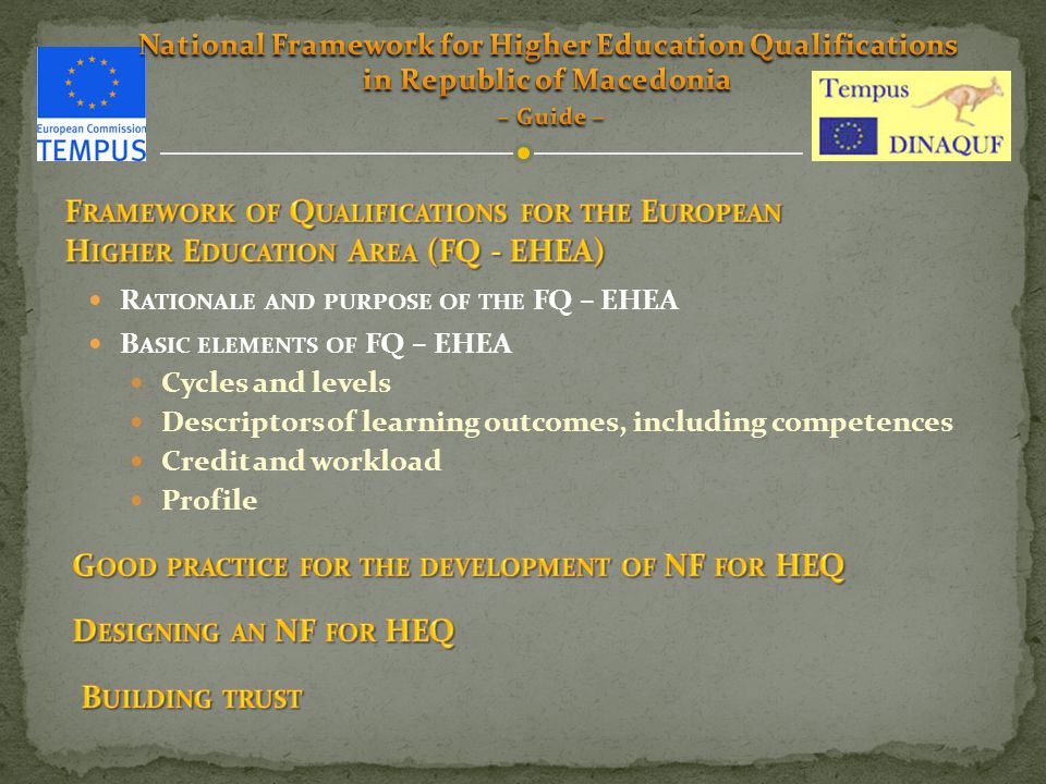 R ATIONALE AND PURPOSE OF THE FQ – EHEA B ASIC ELEMENTS OF FQ – EHEA Cycles and levels Descriptors of learning outcomes, including competences Credit and workload Profile