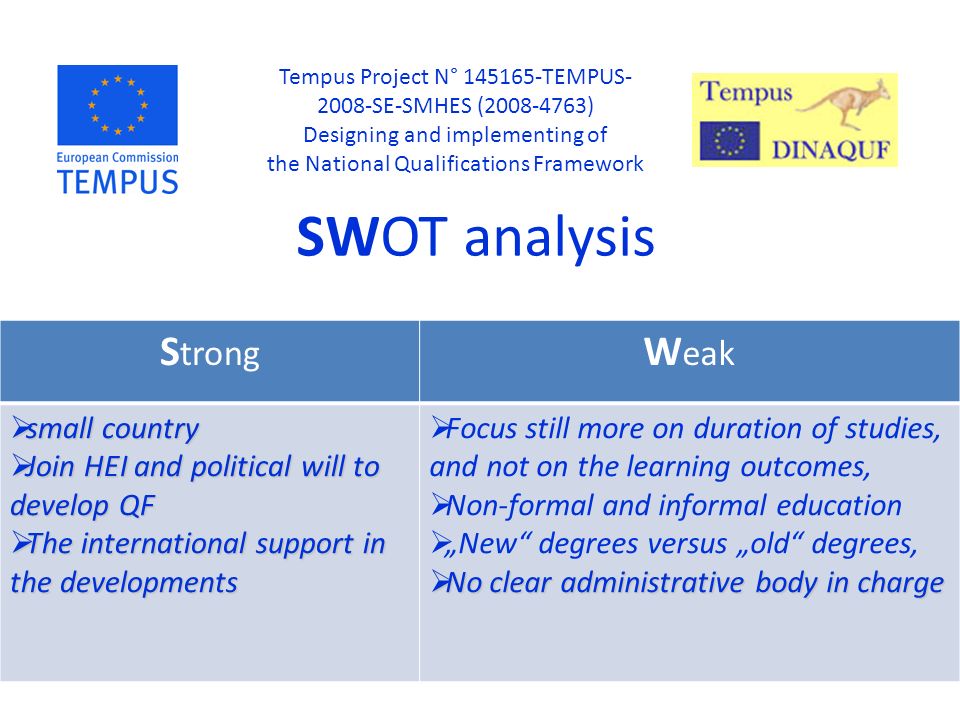 SWOT analysis Tempus Project N° TEMPUS SE-SMHES ( ) Designing and implementing of the National Qualifications Framework S trong W eak  small country  Join HEI and political will to develop QF  The international support in the developments  Focus still more on duration of studies, and not on the learning outcomes,  Non-formal and informal education  „New degrees versus „old degrees,  No clear administrative body in charge