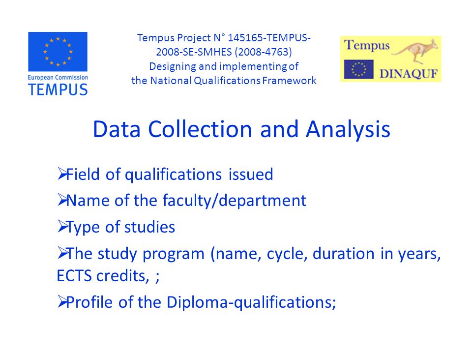 Data Collection and Analysis  Field of qualifications issued  Name of the faculty/department  Type of studies  The study program (name, cycle, duration in years, ECTS credits, ;  Profile of the Diploma-qualifications; Tempus Project N° TEMPUS SE-SMHES ( ) Designing and implementing of the National Qualifications Framework