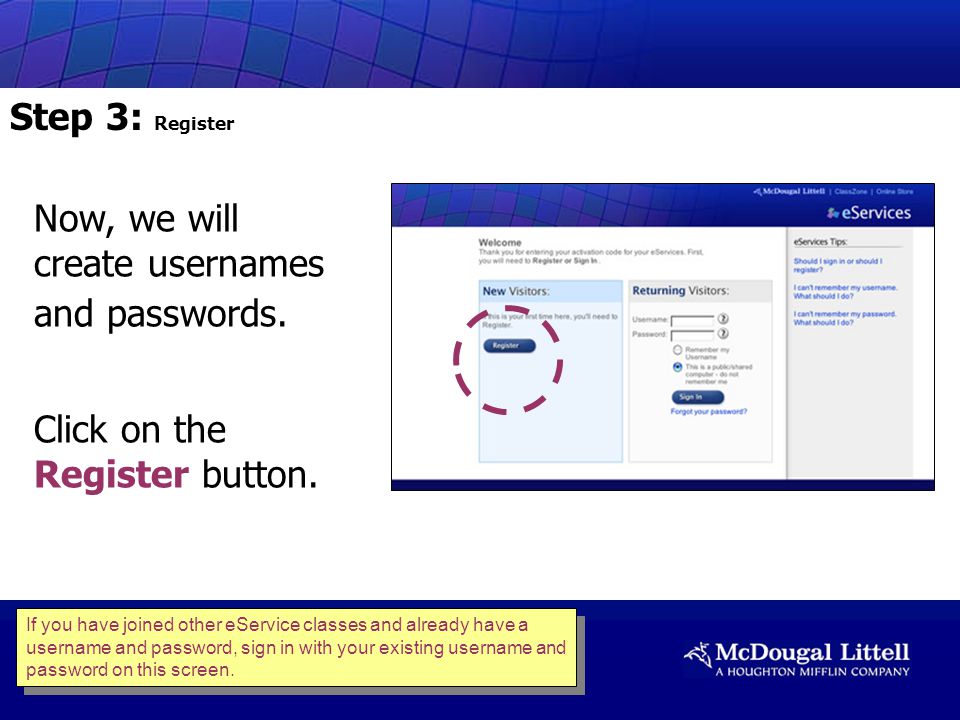 Now, we will create usernames and passwords. Click on the Register button.
