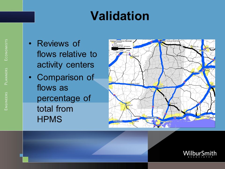 Validation Reviews of flows relative to activity centers Comparison of flows as percentage of total from HPMS