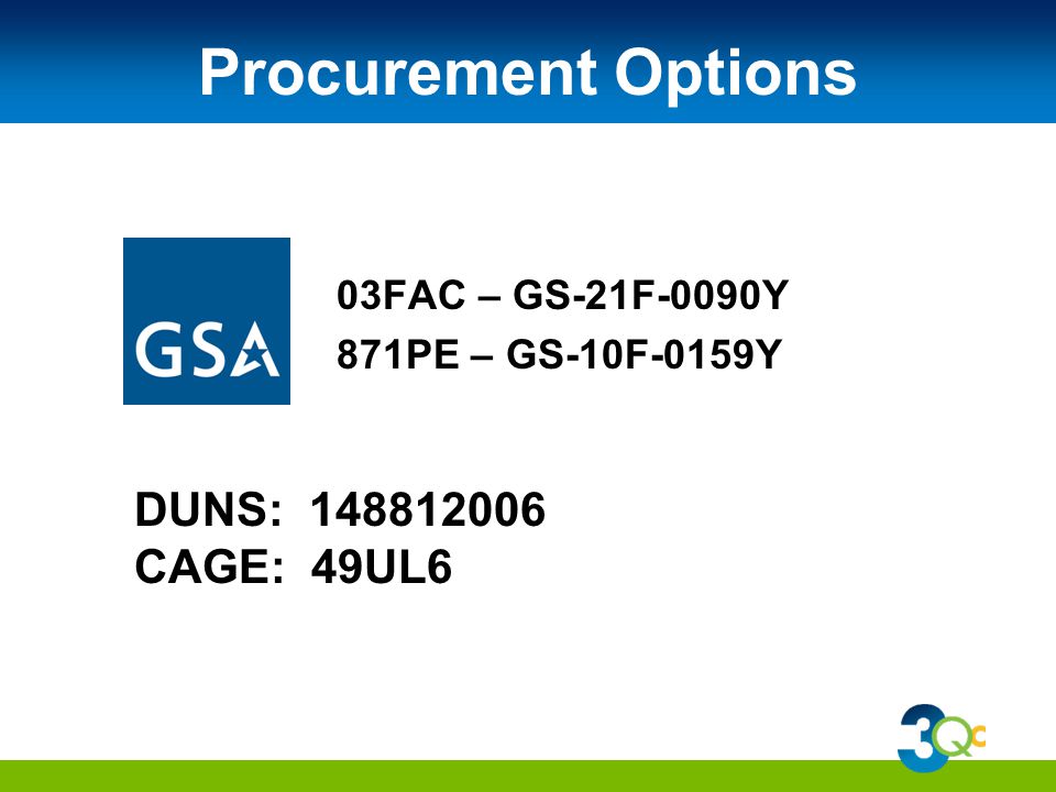 Procurement Options 03FAC – GS-21F-0090Y 871PE – GS-10F-0159Y DUNS: CAGE: 49UL6