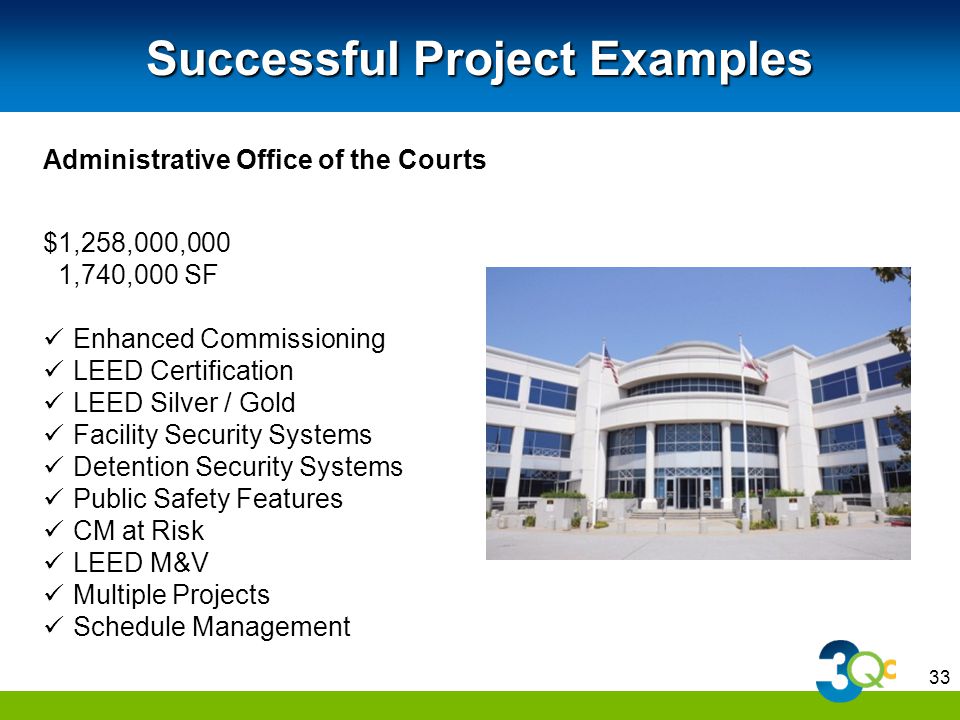 33 Successful Project Examples Administrative Office of the Courts $1,258,000,000 1,740,000 SF Enhanced Commissioning LEED Certification LEED Silver / Gold Facility Security Systems Detention Security Systems Public Safety Features CM at Risk LEED M&V Multiple Projects Schedule Management