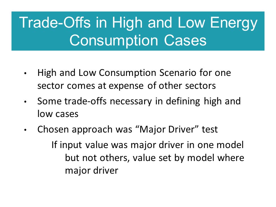 Trade-Offs in High and Low Energy Consumption Cases High and Low Consumption Scenario for one sector comes at expense of other sectors Some trade-offs necessary in defining high and low cases Chosen approach was Major Driver test If input value was major driver in one model but not others, value set by model where major driver