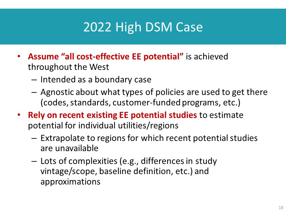 2022 High DSM Case Assume all cost-effective EE potential is achieved throughout the West – Intended as a boundary case – Agnostic about what types of policies are used to get there (codes, standards, customer-funded programs, etc.) Rely on recent existing EE potential studies to estimate potential for individual utilities/regions – Extrapolate to regions for which recent potential studies are unavailable – Lots of complexities (e.g., differences in study vintage/scope, baseline definition, etc.) and approximations 18