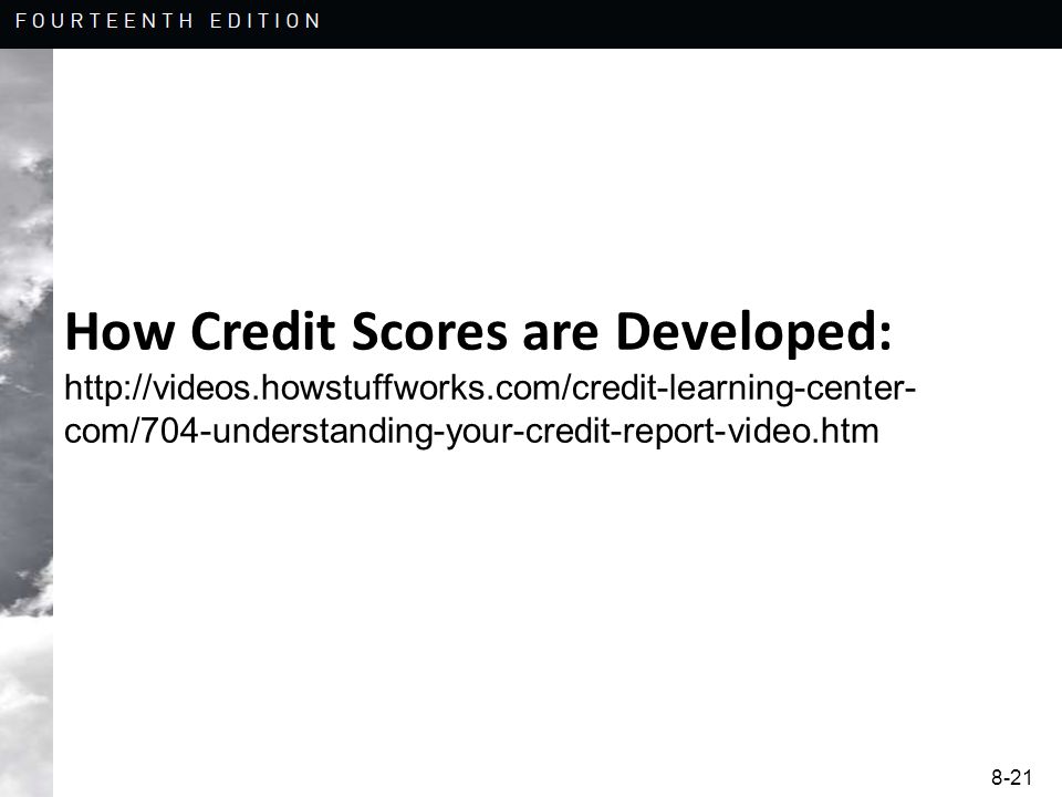 8-21 How Credit Scores are Developed:   com/704-understanding-your-credit-report-video.htm