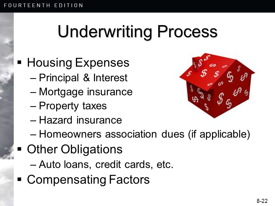 8-22 Underwriting Process  Housing Expenses –Principal & Interest –Mortgage insurance –Property taxes –Hazard insurance –Homeowners association dues (if applicable)  Other Obligations –Auto loans, credit cards, etc.