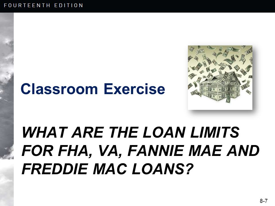 8-7 WHAT ARE THE LOAN LIMITS FOR FHA, VA, FANNIE MAE AND FREDDIE MAC LOANS Classroom Exercise