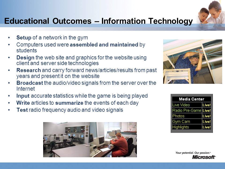 Educational Outcomes – Information Technology Setup of a network in the gym Computers used were assembled and maintained by students Design the web site and graphics for the website using client and server side technologies Research and carry forward news/articles/results from past years and present it on the website Broadcast the audio/video signals from the server over the Internet Input accurate statistics while the game is being played Write articles to summarize the events of each day Test radio frequency audio and video signals