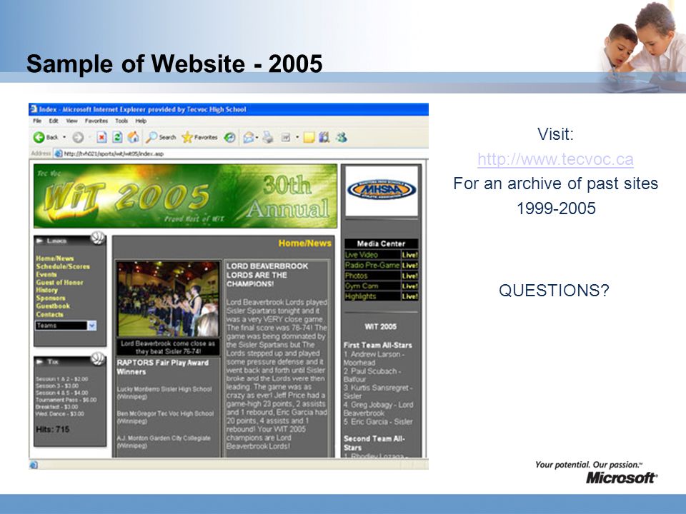 Sample of Website Visit:   For an archive of past sites QUESTIONS