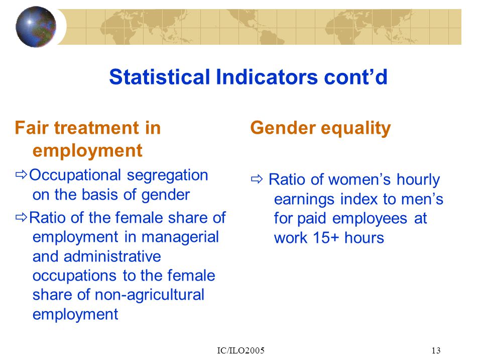IC/ILO Statistical Indicators cont’d Fair treatment in employment  Occupational segregation on the basis of gender  Ratio of the female share of employment in managerial and administrative occupations to the female share of non-agricultural employment Gender equality  Ratio of women’s hourly earnings index to men’s for paid employees at work 15+ hours