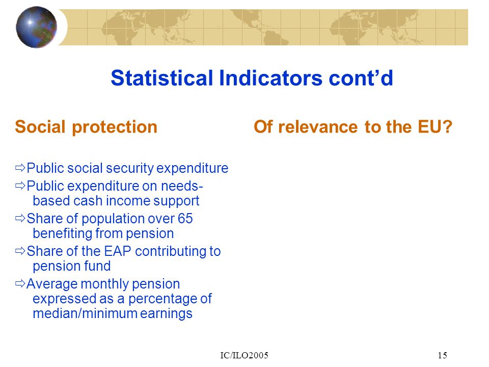 IC/ILO Statistical Indicators cont’d Social protection  Public social security expenditure  Public expenditure on needs- based cash income support  Share of population over 65 benefiting from pension  Share of the EAP contributing to pension fund  Average monthly pension expressed as a percentage of median/minimum earnings Of relevance to the EU
