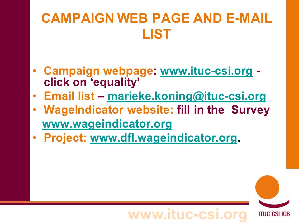 CAMPAIGN WEB PAGE AND  LIST Campaign webpage:   - click on ‘equality’   list – WageIndicator website: fill in the Survey   Project: