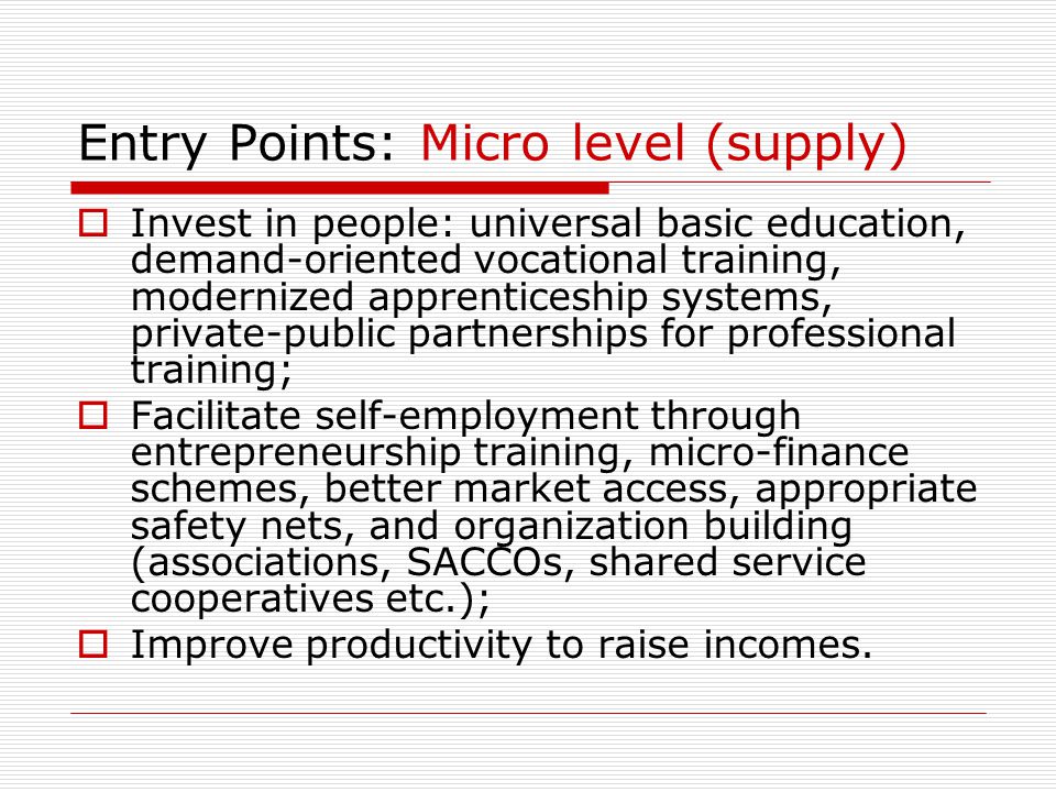 Entry Points: Micro level (supply)  Invest in people: universal basic education, demand-oriented vocational training, modernized apprenticeship systems, private-public partnerships for professional training;  Facilitate self-employment through entrepreneurship training, micro-finance schemes, better market access, appropriate safety nets, and organization building (associations, SACCOs, shared service cooperatives etc.);  Improve productivity to raise incomes.