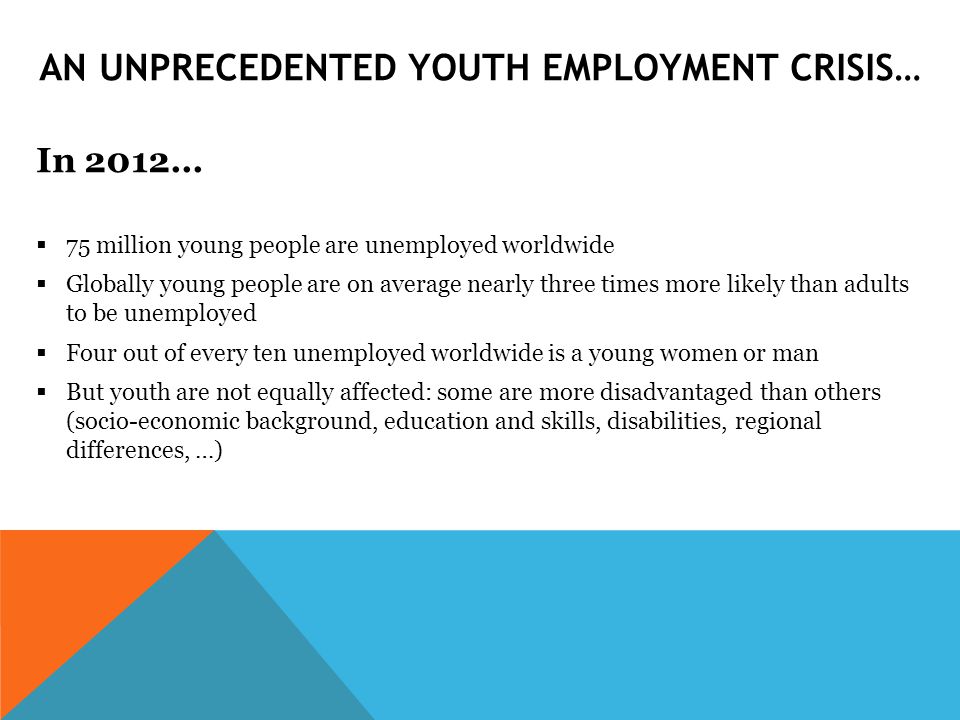 In 2012…  75 million young people are unemployed worldwide  Globally young people are on average nearly three times more likely than adults to be unemployed  Four out of every ten unemployed worldwide is a young women or man  But youth are not equally affected: some are more disadvantaged than others (socio-economic background, education and skills, disabilities, regional differences, …) AN UNPRECEDENTED YOUTH EMPLOYMENT CRISIS…