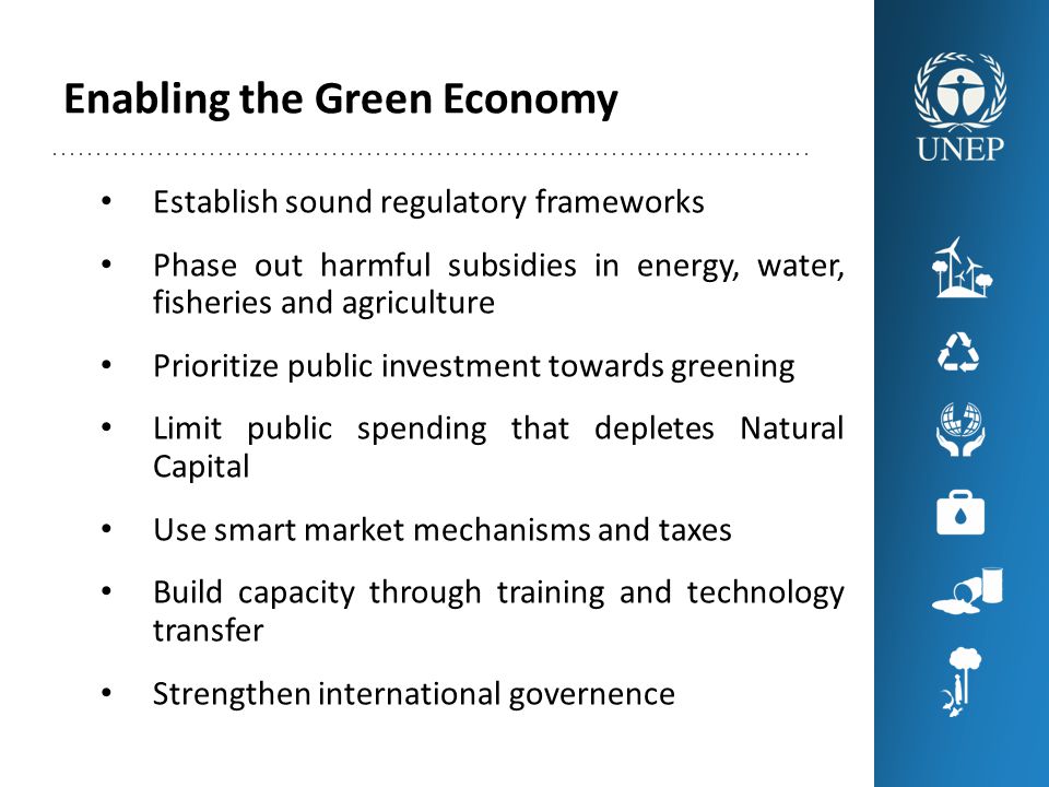 Enabling the Green Economy Establish sound regulatory frameworks Phase out harmful subsidies in energy, water, fisheries and agriculture Prioritize public investment towards greening Limit public spending that depletes Natural Capital Use smart market mechanisms and taxes Build capacity through training and technology transfer Strengthen international governence