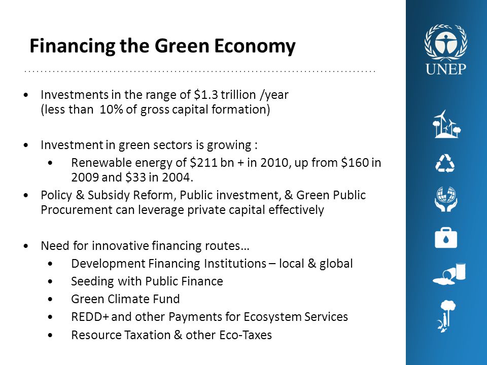 Financing the Green Economy Investments in the range of $1.3 trillion /year (less than 10% of gross capital formation) Investment in green sectors is growing : Renewable energy of $211 bn + in 2010, up from $160 in 2009 and $33 in 2004.