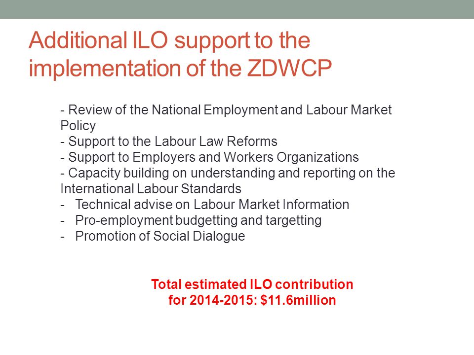 Additional ILO support to the implementation of the ZDWCP Total estimated ILO contribution for : $11.6million - Review of the National Employment and Labour Market Policy - Support to the Labour Law Reforms - Support to Employers and Workers Organizations - Capacity building on understanding and reporting on the International Labour Standards -Technical advise on Labour Market Information -Pro-employment budgetting and targetting -Promotion of Social Dialogue