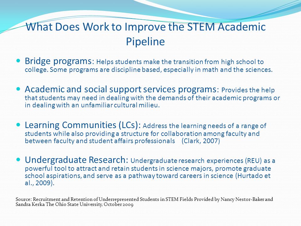 What Does Work to Improve the STEM Academic Pipeline Bridge programs : Helps students make the transition from high school to college.