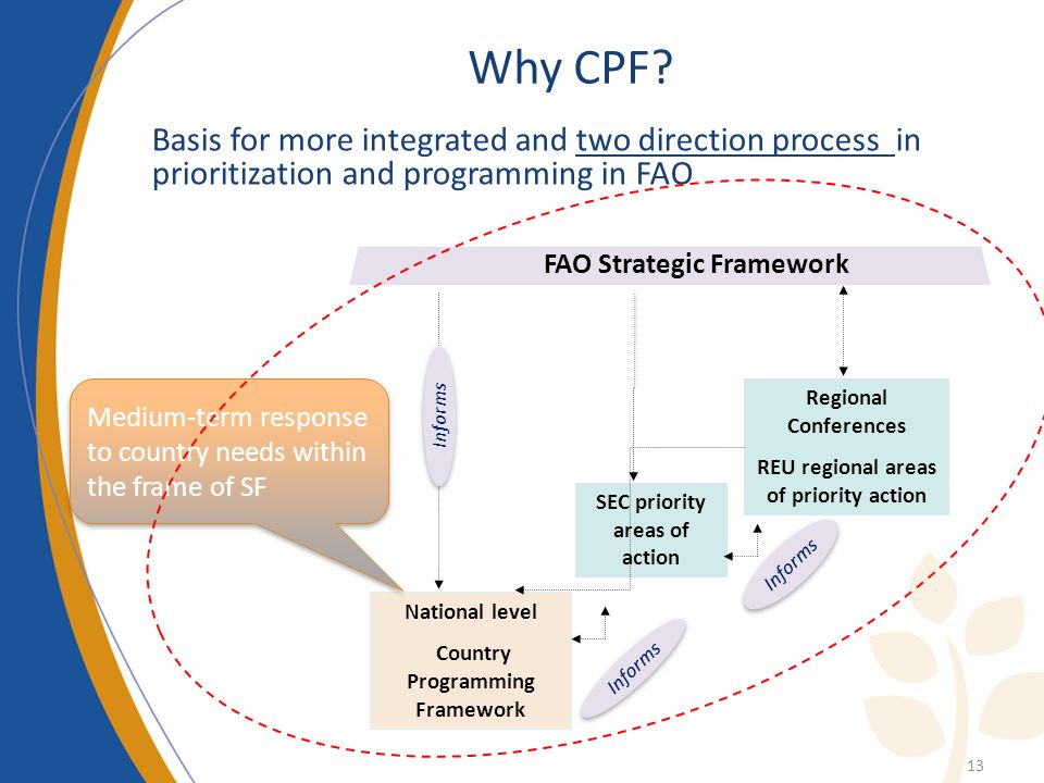 FAO Strategic Framework National level Country Programming Framework SEC priority areas of action Regional Conferences REU regional areas of priority action 13 Informs Why CPF.
