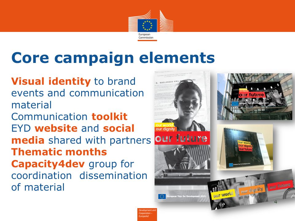 Core campaign elements Visual identity to brand events and communication material Communication toolkit EYD website and social media shared with partners Thematic months Capacity4dev group for coordination dissemination of material 4
