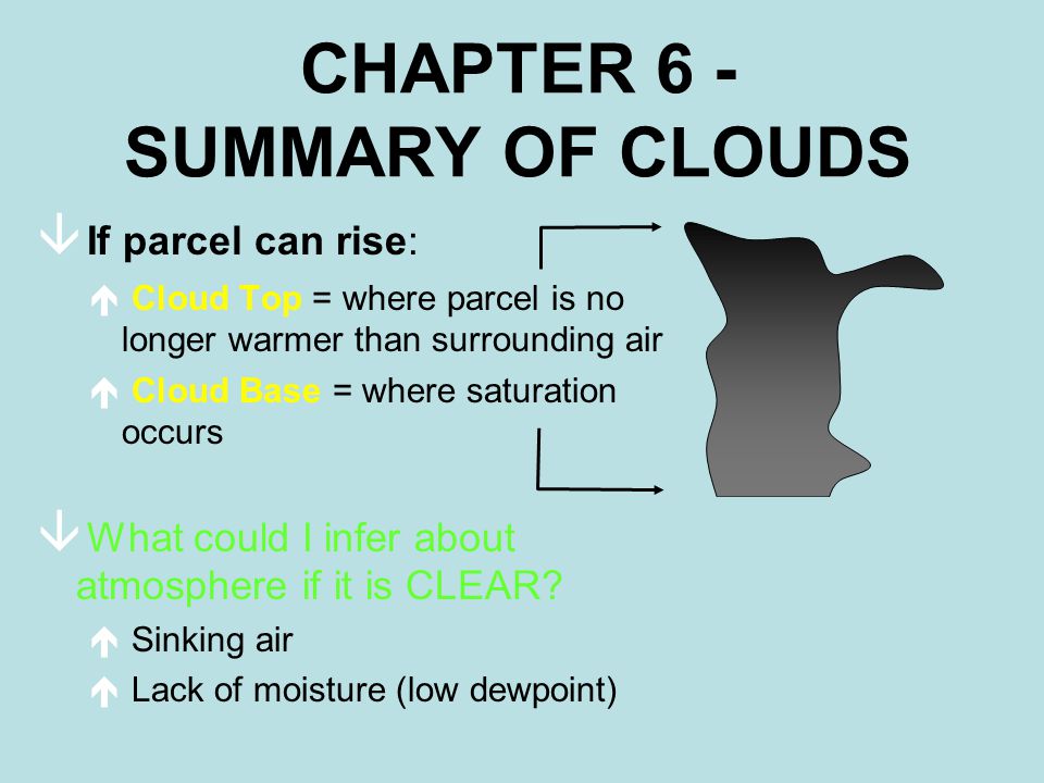 â If parcel can rise: é Cloud Top = where parcel is no longer warmer than surrounding air é Cloud Base = where saturation occurs â What could I infer about atmosphere if it is CLEAR.