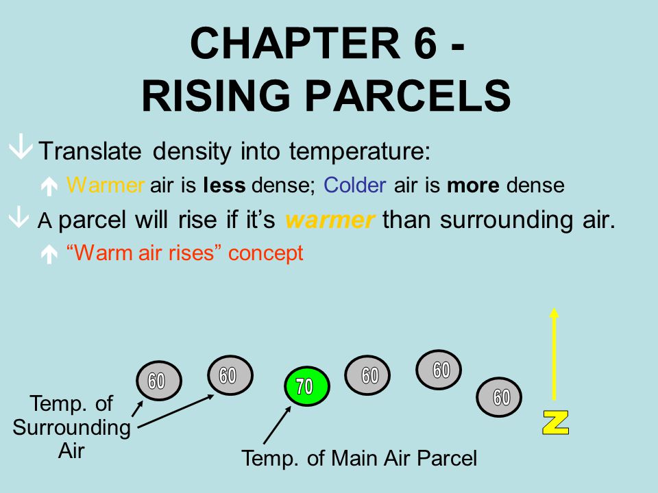 â Translate density into temperature: é Warmer air is less dense; Colder air is more dense â A parcel will rise if it’s warmer than surrounding air.