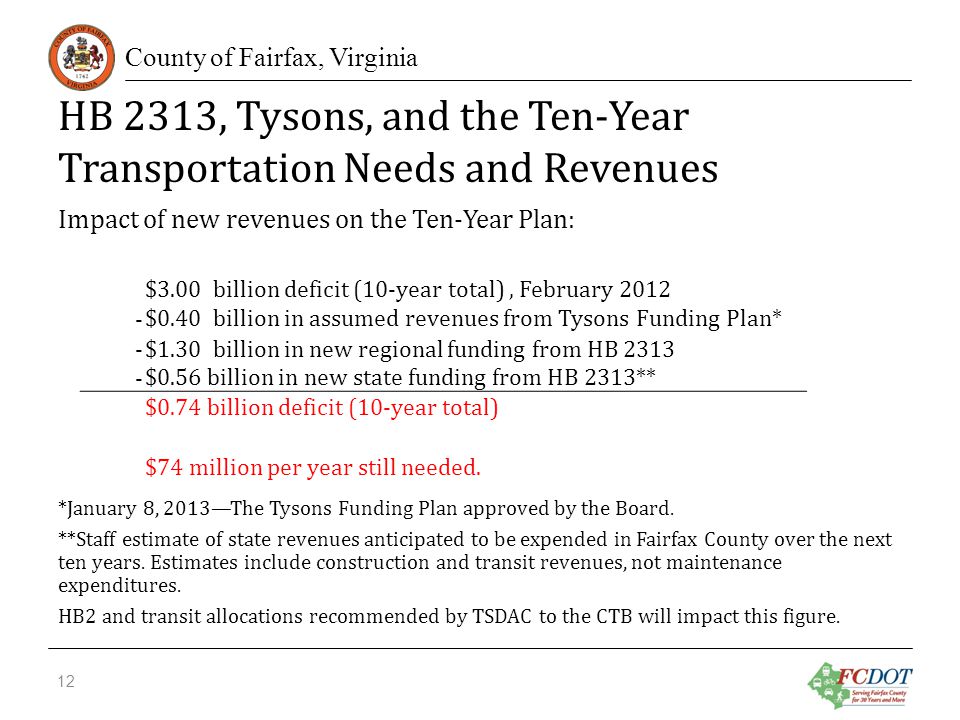 County of Fairfax, Virginia HB 2313, Tysons, and the Ten-Year Transportation Needs and Revenues Impact of new revenues on the Ten-Year Plan: *January 8, 2013—The Tysons Funding Plan approved by the Board.