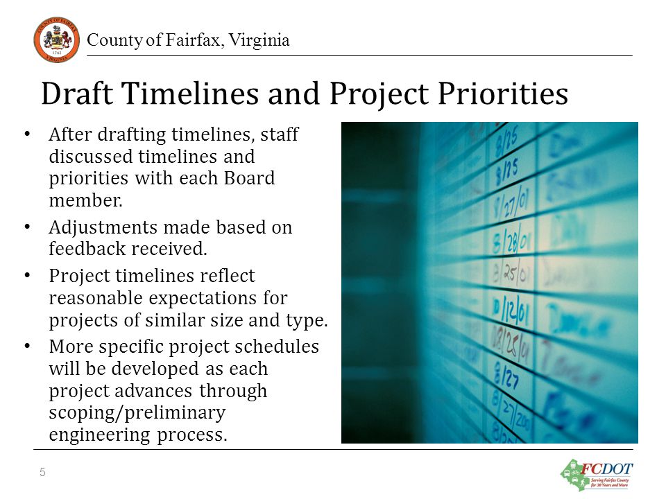 County of Fairfax, Virginia Draft Timelines and Project Priorities After drafting timelines, staff discussed timelines and priorities with each Board member.