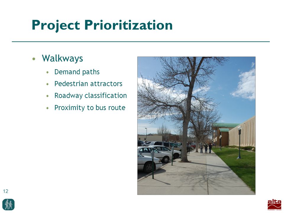 12 Project Prioritization Walkways Demand paths Pedestrian attractors Roadway classification Proximity to bus route