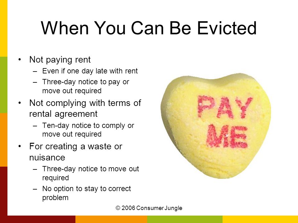 © 2006 Consumer Jungle When You Can Be Evicted Not paying rent –Even if one day late with rent –Three-day notice to pay or move out required Not complying with terms of rental agreement –Ten-day notice to comply or move out required For creating a waste or nuisance –Three-day notice to move out required –No option to stay to correct problem