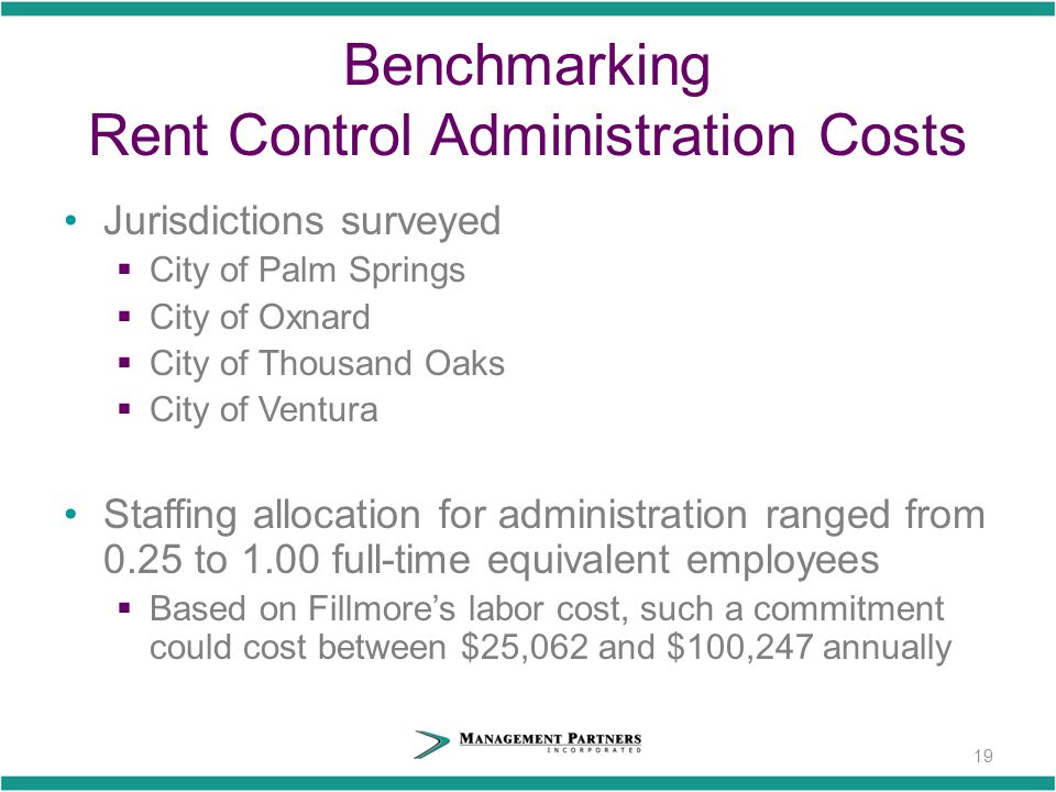 19 Benchmarking Rent Control Administration Costs Jurisdictions surveyed  City of Palm Springs  City of Oxnard  City of Thousand Oaks  City of Ventura Staffing allocation for administration ranged from 0.25 to 1.00 full-time equivalent employees  Based on Fillmore’s labor cost, such a commitment could cost between $25,062 and $100,247 annually