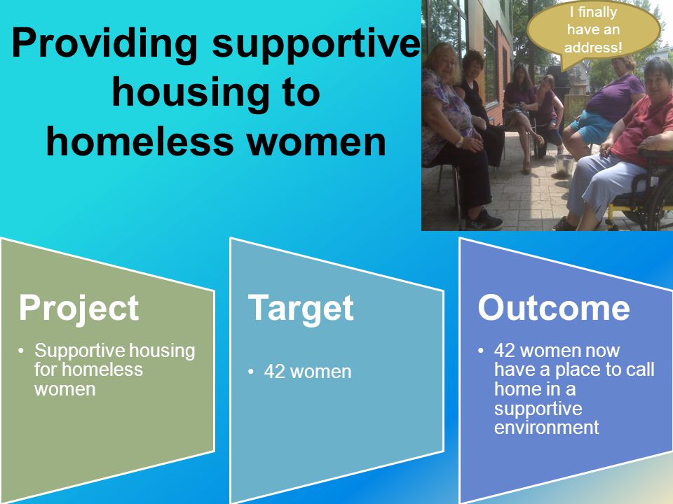 Providing supportive housing to homeless women Project Supportive housing for homeless women Target 42 women Outcome 42 women now have a place to call home in a supportive environment I finally have an address!
