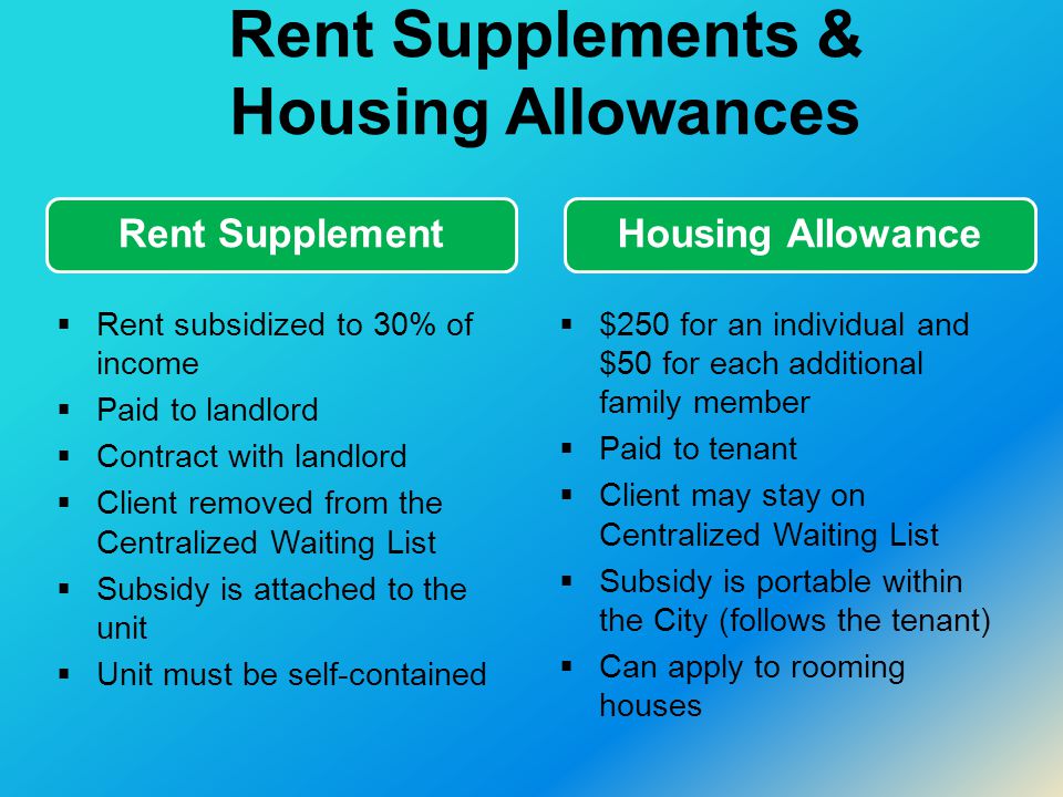 Rent Supplements & Housing Allowances Rent Supplement  Rent subsidized to 30% of income  Paid to landlord  Contract with landlord  Client removed from the Centralized Waiting List  Subsidy is attached to the unit  Unit must be self-contained Housing Allowance  $250 for an individual and $50 for each additional family member  Paid to tenant  Client may stay on Centralized Waiting List  Subsidy is portable within the City (follows the tenant)  Can apply to rooming houses